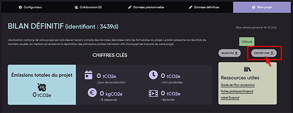 capture écran de l'outil Carbon'clap pour exporter son bilan carbone pour le CNC